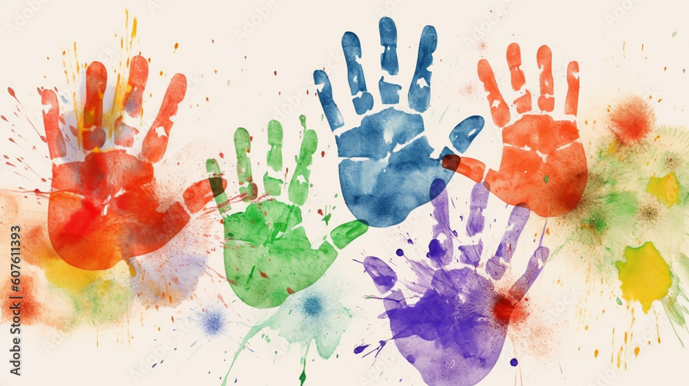 Kids hands color imprints on white background, watercolor. Generative AI
