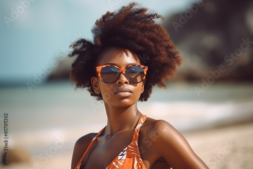 Young pretty afro-american woman on a beach closeup. Generative AI