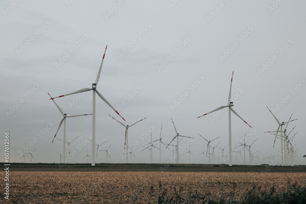 Windmills set in a field in foggy cweather. Green Energy Source. Natural renewable clean eco energy. Alternative energy sources.Environmentally friendly natural energy source. Windmills set in a field in foggy cweather. Green Energy Source. Natural renewable clean eco energy. Alternative energy sources.Environmentally friendly natural energy source.