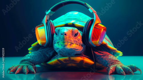 Illustration of a turtle Dj wearing headphones. Ai generated