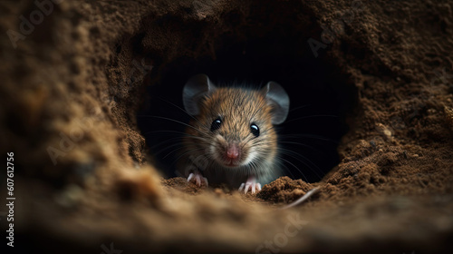a little mouse looks out of a burrow. Generative AI