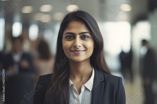 Young smart indian businesswoman, smiling face, standing in blur background of busy office. Generative AI AIG20.