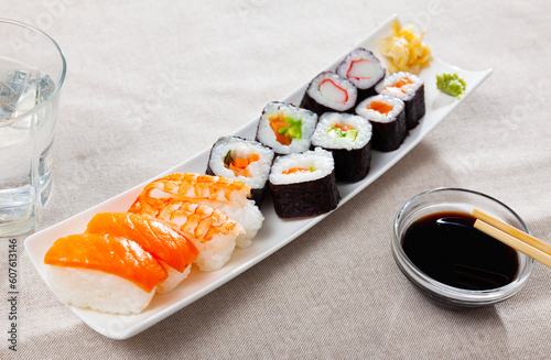 Futomaki, hosomaki and nigiris - japanese rolls closeup. High quality photo