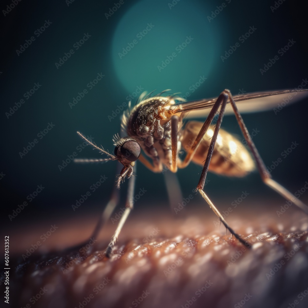 A close up of a mosquito on skin. Generative AI. A close up of a mosquito on skin. Generative AI.
