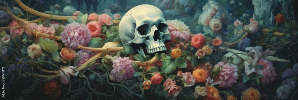 A painting of a skull surrounded by flowers. Generative AI image. - obrazy, fototapety, plakaty 