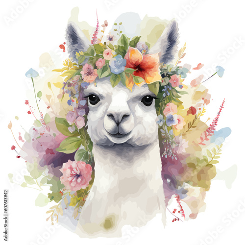 Cute alpaca cartoon in watercolor style