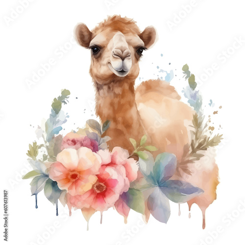 Cute camel cartoon in watercolor style