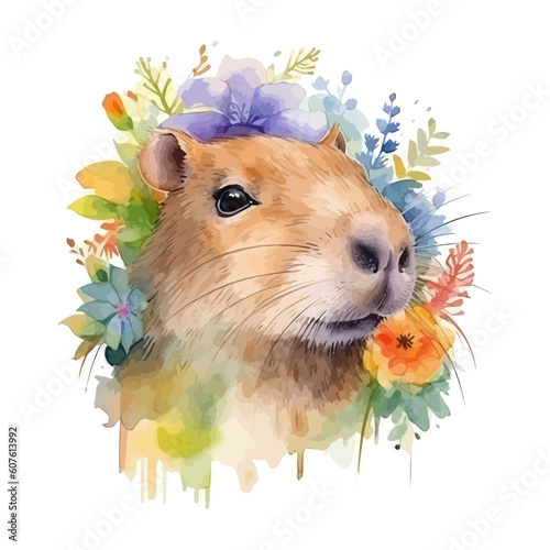 Cute capybara cartoon in watercolor style
