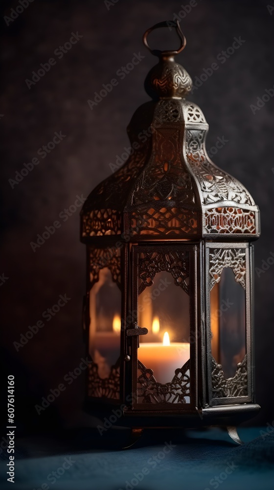 A lantern lamp on dark background. Generative AI