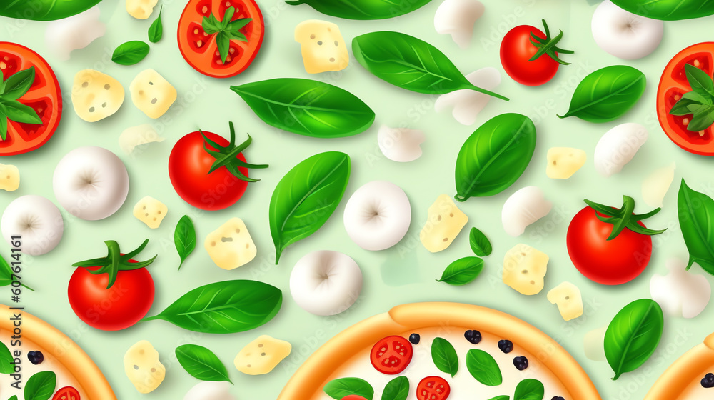 Generative AI Italian pasta, cherry tomatoes, garlic and basil, seamless vector pattern Generative AI Italian pasta, cherry tomatoes, garlic and basil, seamless vector pattern
