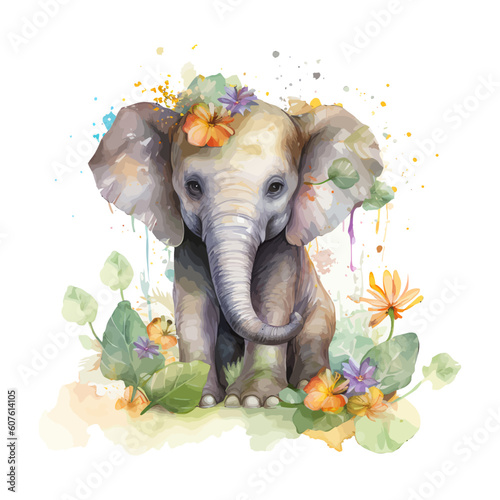 Cute elephant cartoon in watercolor style