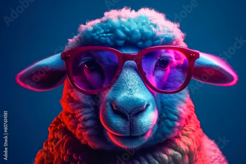 Cute sheep wearing sunglasses. animal on summer vacation, animal illustration. Ai generative