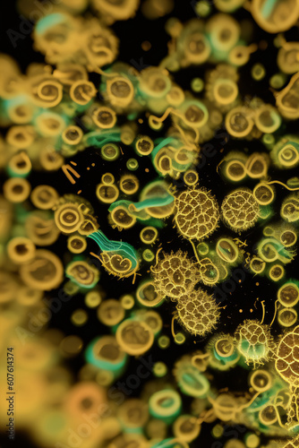 3D macro closeup of lab petri dish reveals bacteria and virus cells. Science, complexity, research concept created with generative AI.