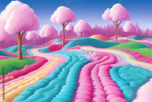 A dreamy landscape of pastel colors, with candy-inspired shapes and fluffy clouds. An inviting and imaginative world of comfort and joy. Colorful, airy, fantasy concept created with generative AI.