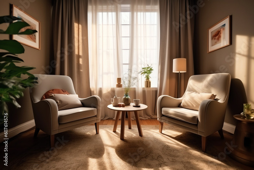 Generative AI Cozy Interior with two elegant armchairs, a coffee table and a window with a tree