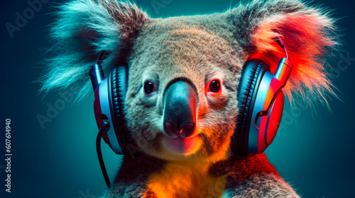 Koala in headphones leastening music. Generative AI
