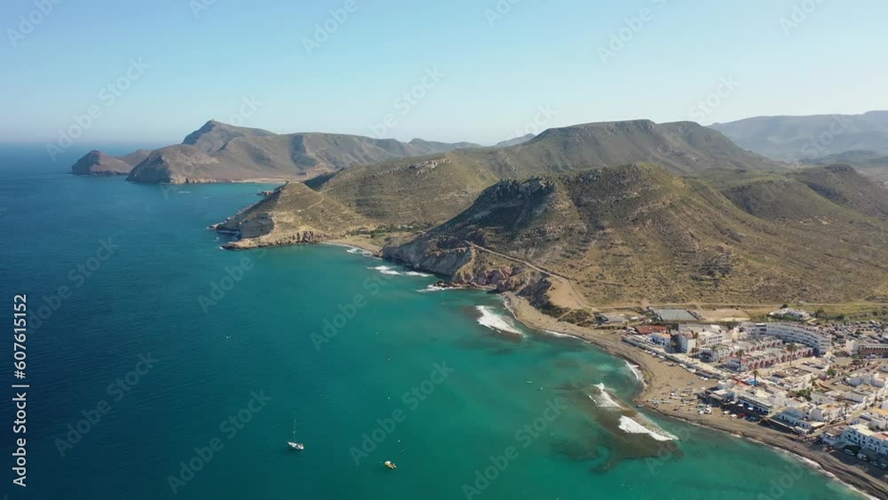 Aerial view of high cliffs along the coastline at Playa de las Negras, Almería, Spain Aerial view of high cliffs along the coastline at Playa de las Negras, Almería, Spain