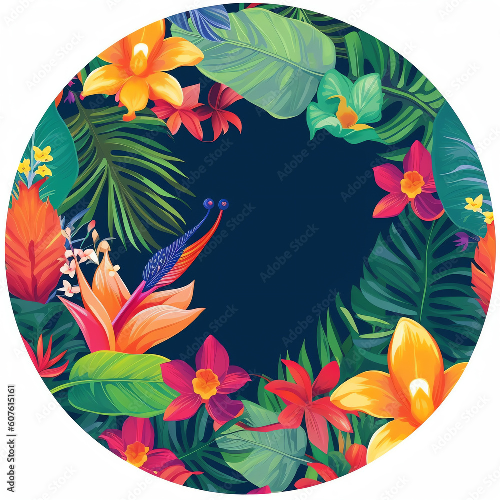 Generative AI Summer sale colorful banner with tropical flowers and leaves. Circular frame.