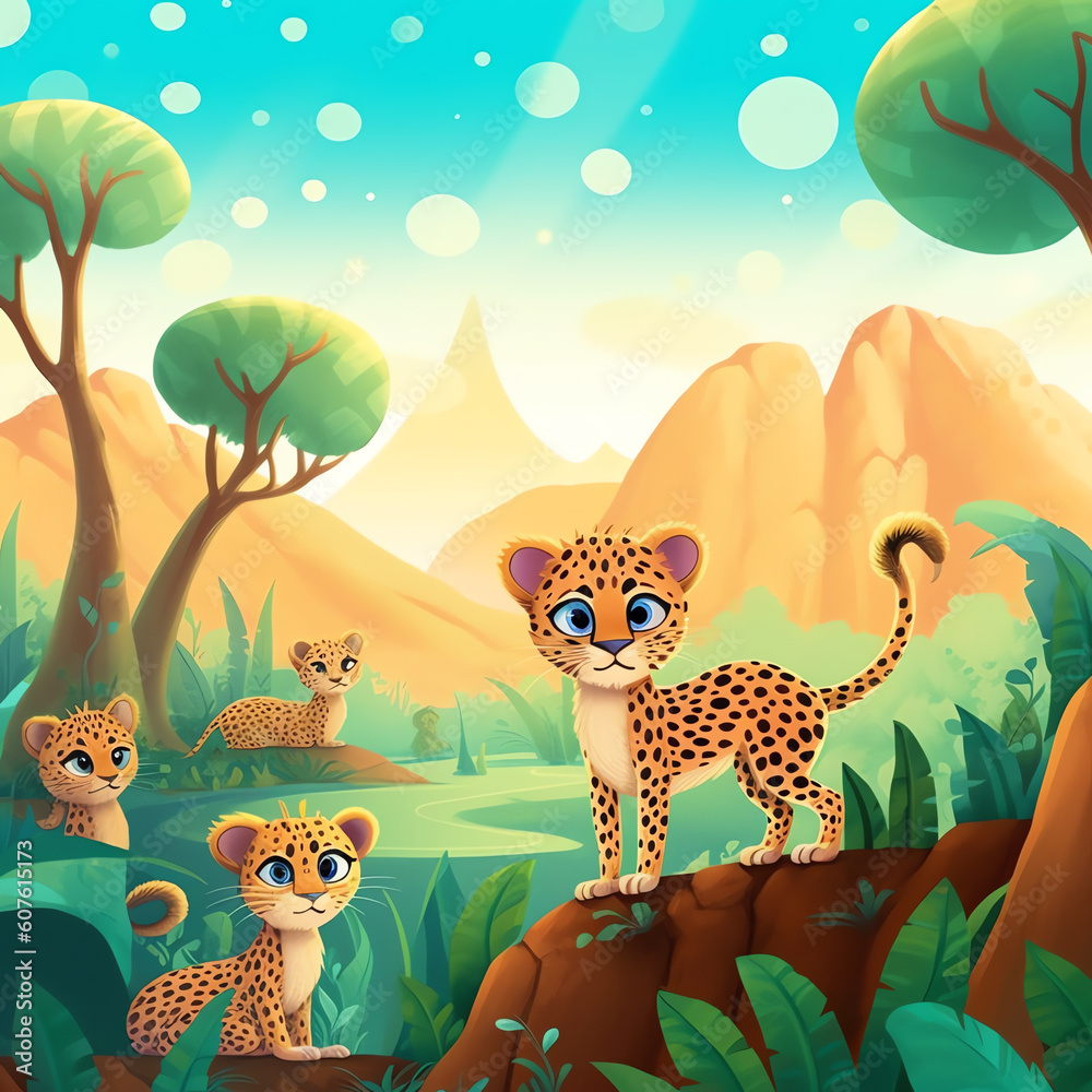 Generative AI Wild animals with landscape - cute cartoon illustration of leopard Generative AI Wild animals with landscape - cute cartoon illustration of leopard