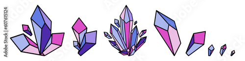 Crystal heap set. Colored crystals gemstones, jewels illustration. Vector isolated on white background.