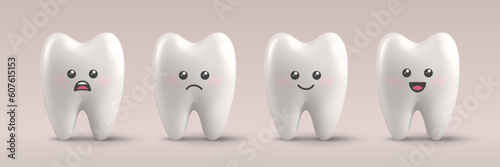 Vector 3d Realistic Tooth Set, Different Emotions, Face Expressions. Happy, Sad, Smiling Teeth. Dental Inspection Banner. Tooth Charcter with Face. Medical, Dentist Design, Dental Health Concept