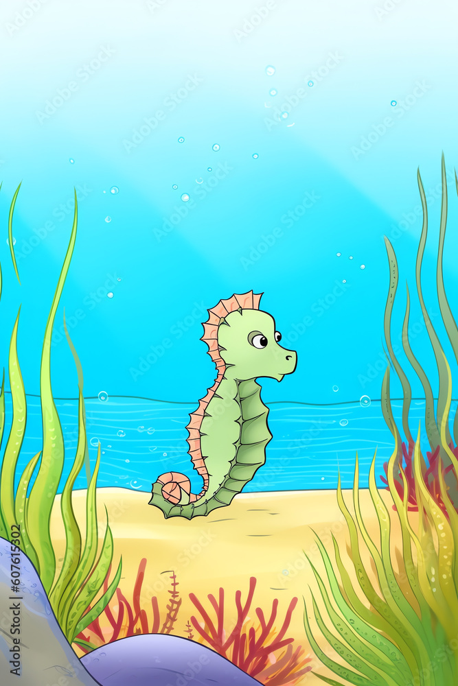 Fototapeta premium Generative AI Sea animals with landscape - cute cartoon vector illustration of seahorse