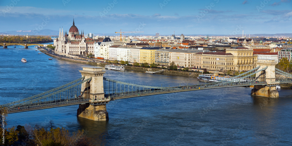 Panorama with Chain Bridge and Parliament of Budapest outdoors.