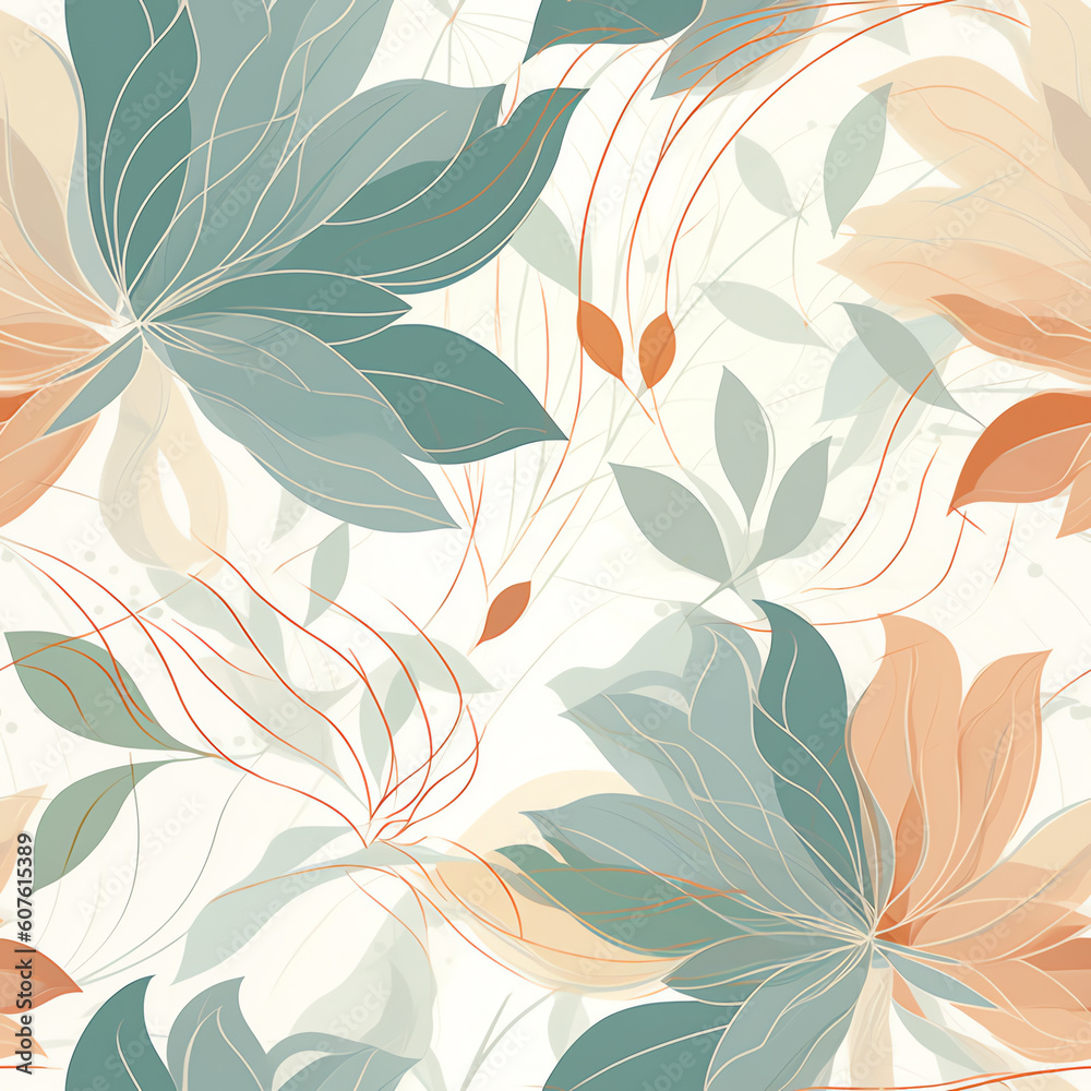 Generative AI Flowers and leaves vector seamless pattern in soft blue and beige