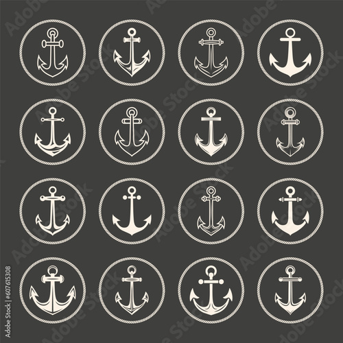 Vector Anchors. Anchor Silhouette Icon Set. Black and White Anchor with Outline. Anchor Design Template Collection. Vector Illustrtion