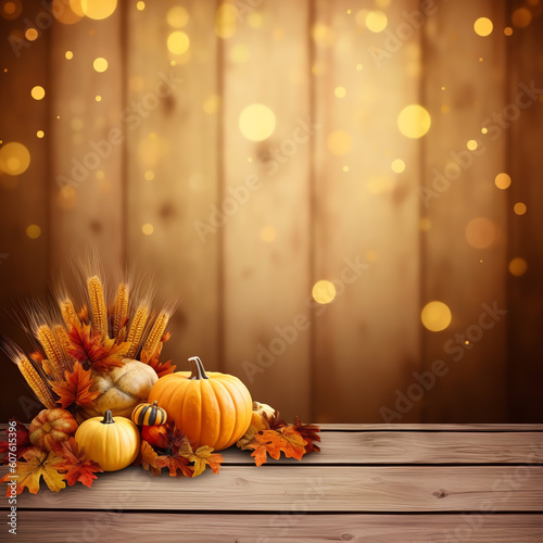 Generative AI Happy Thanksgiving vector illustration with pumpkin, apples, wheat, autumn leaves, corn, cones, acorns on light wooden background