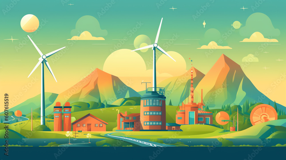 Generative AI Green energy - city view with residential houses and landscape, wind power plant, solar panels. Vector illustration in flat style, graphic design template Generative AI Green energy - city view with residential houses and landscape, wind power plant, solar panels. Vector illustration in flat style, graphic design template