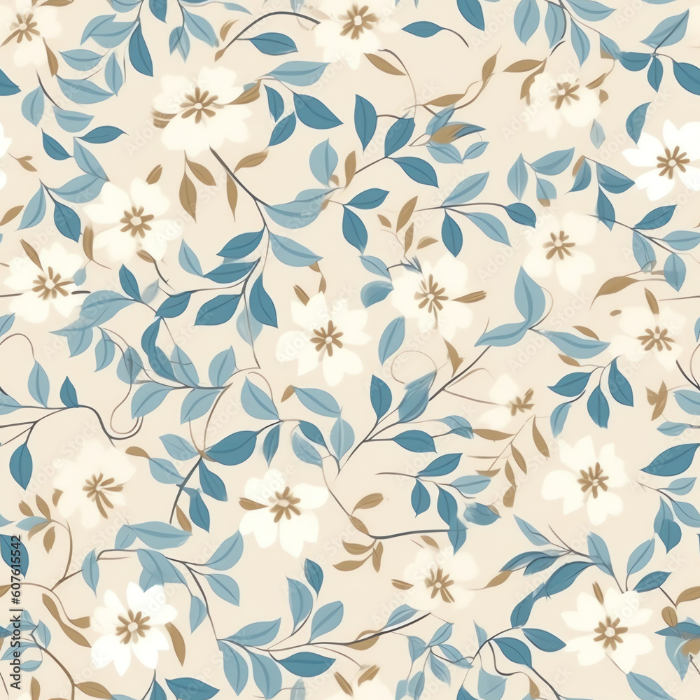 Generative AI Elegant flowers and leaves seamless pattern in soft blue and beige Generative AI Elegant flowers and leaves seamless pattern in soft blue and beige
