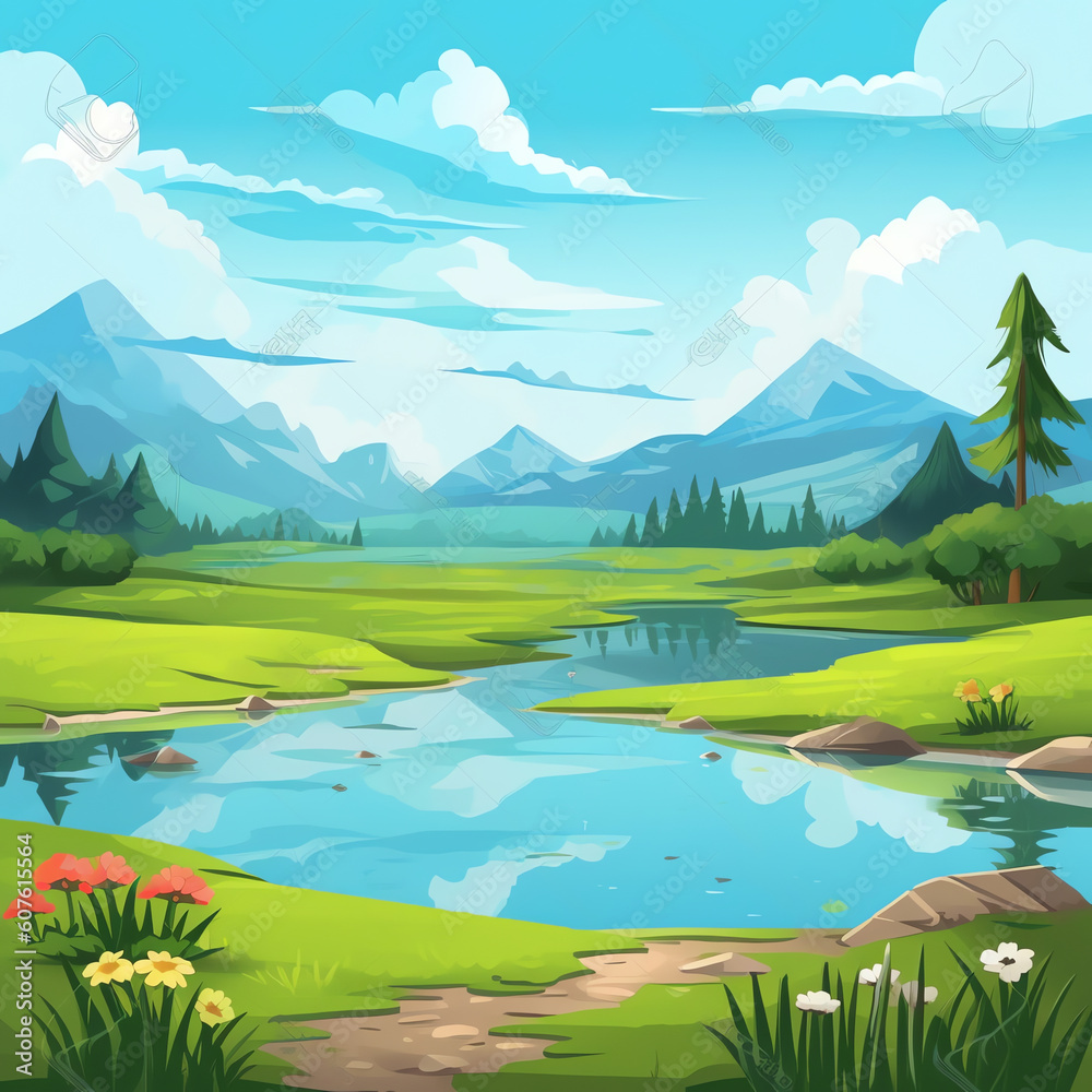 Generative AI Nature background, a lake view with grass and mountains. Vector illustration in flat style