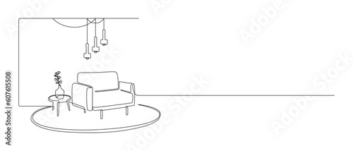 One continuous Line drawing of armchair and hanging lamps and plant on table. Stylish furniture for living and office room interior in simple linear style. Editable stroke. Vector illustration