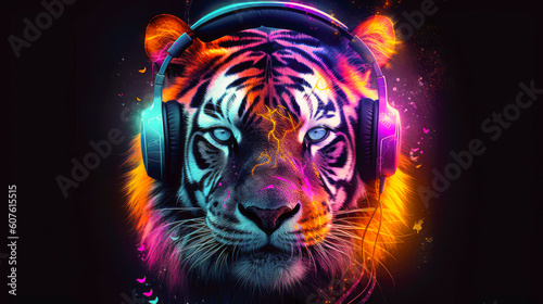 A sleek illustration of a stylish tiger Dj wearing headphones. Ai generated