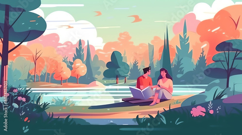 Generative AI Loving couple sitting on the bench with spring landscape. Cute vector illustration in flat style.