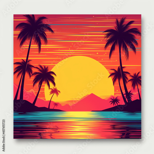 Generative AI Beautiful tropical beach sunset scene illustration