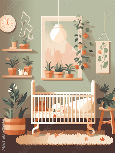 Generative AI Cozy Nursery interior, baby boy's room, flat style vector illustration template