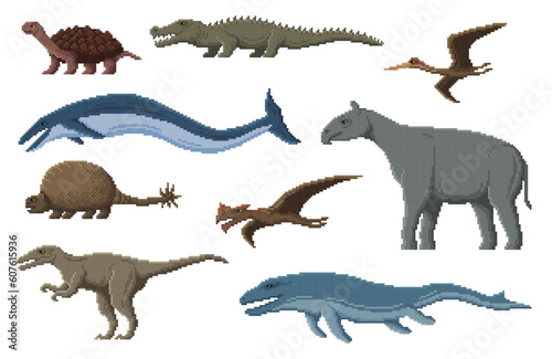 Fototapeta Naklejka Na Ścianę i Meble -  Pixel dinosaur characters. 8 bit pixel art game dino animals. Basilosaurus, Baryonyx, Mosasaurus and Carbonemys, Sarcosuchus, Doedicur pixel vector land and sea dinosaurs, prehistoric reptile animals