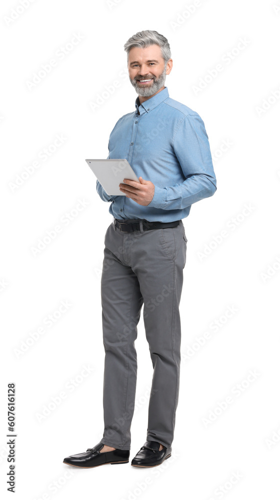 Mature businessman in stylish clothes with tablet on white background Mature businessman in stylish clothes with tablet on white background