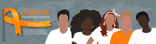 Leukemia Awareness Month. Long horizontal banner with an orange ribbon, space for text, and diverse people. Vector flat illustration.