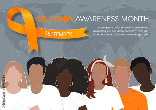 Leukemia Awareness Month. Horizontal banner with an orange ribbon, and diverse people. Vector flat illustration.