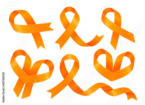 Leukemia Awareness Month. Big set of orange ribbons. Vector flat illustration isolated on white.