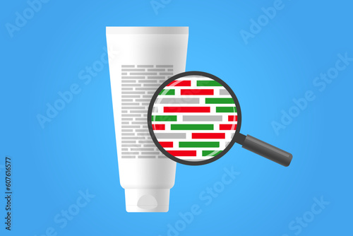 Cosmetic product with ingredient information and magnifying glass