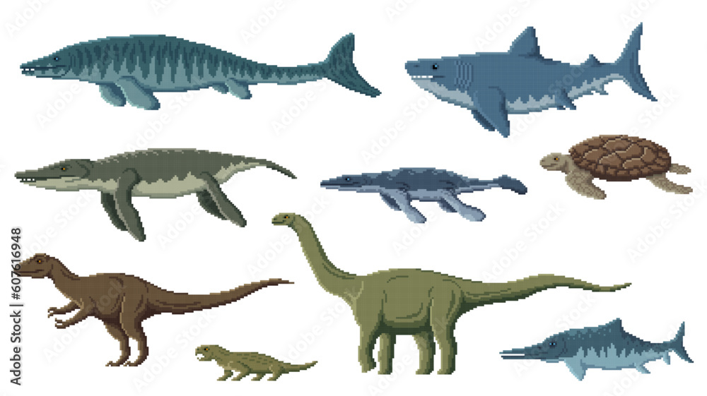 Pixel dinosaur characters. 8 bit pixel art game dino animals. Allosaurus, Vulcanodon, Hyperodapedon and Ophthalmosaurus, Tylosaurus, Archelon pixel vector reptile, aquatic dinosaur or extinct animal Pixel dinosaur characters. 8 bit pixel art game dino animals. Allosaurus, Vulcanodon, Hyperodapedon and Ophthalmosaurus, Tylosaurus, Archelon pixel vector reptile, aquatic dinosaur or extinct animal