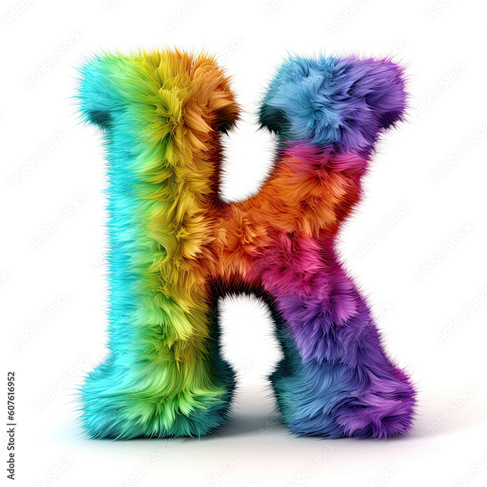 Furry letter in rainbow pride colors made of fur and feathers. Capital K Furry letter in rainbow pride colors made of fur and feathers. Capital K