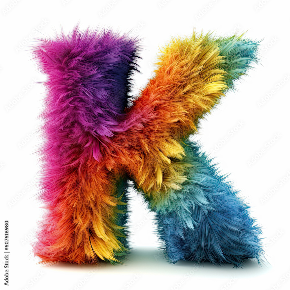 Furry letter in rainbow pride colors made of fur and feathers. Capital K Furry letter in rainbow pride colors made of fur and feathers. Capital K