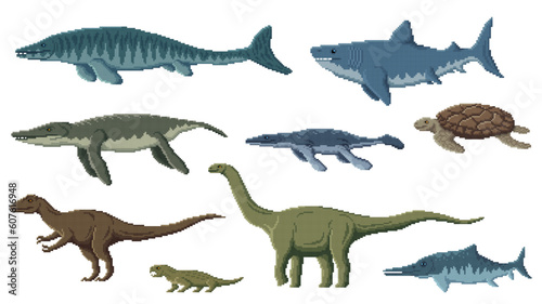 Fototapeta Naklejka Na Ścianę i Meble -  Pixel dinosaur characters. 8 bit pixel art game dino animals. Allosaurus, Vulcanodon, Hyperodapedon and Ophthalmosaurus, Tylosaurus, Archelon pixel vector reptile, aquatic dinosaur or extinct animal