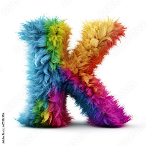 Furry letter in rainbow pride colors made of fur and feathers. Capital K