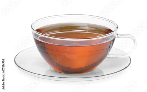 Glass cup of tea and saucer isolated on white
